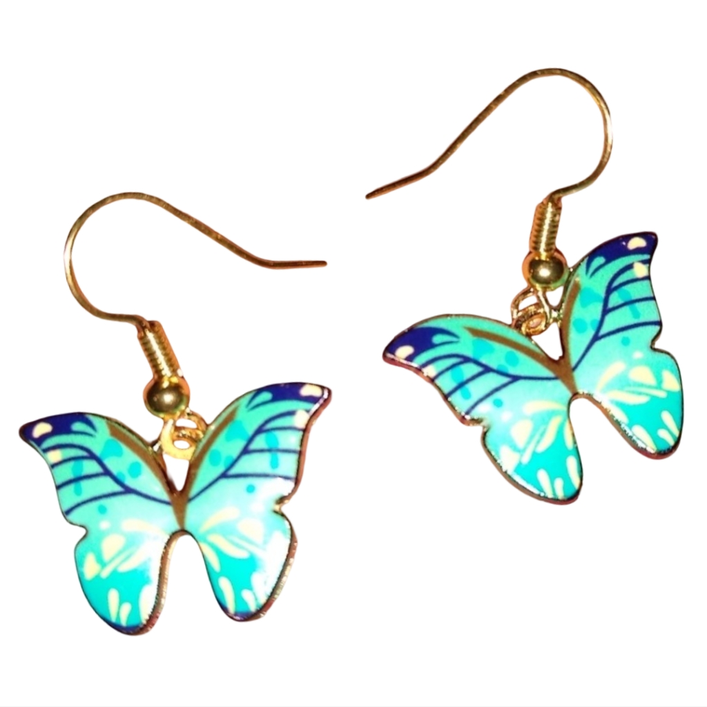Aqua Butterfly Flutter Charm Earrings Gold Girls Gift Blue Enamel Butterflies 29$